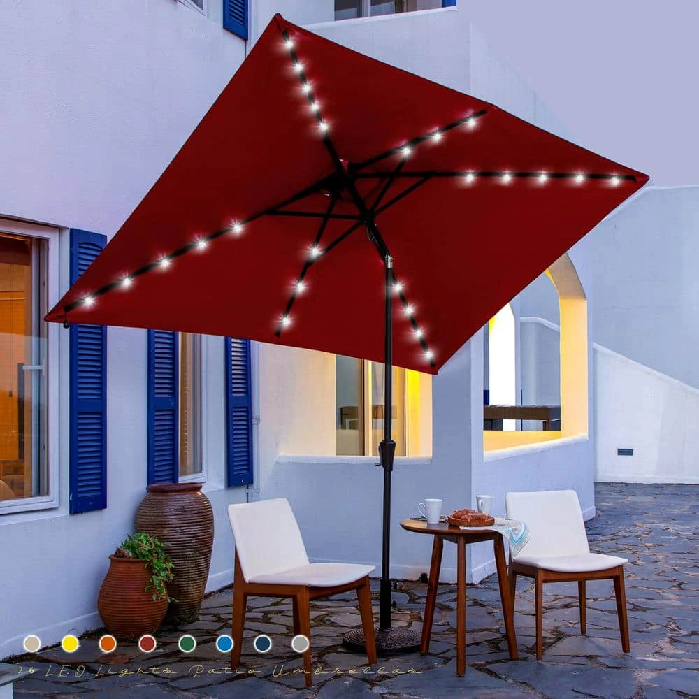 6.5 Ft. X 10 Ft. Steel Lighted Market Tilt Solar Umbrella With Crank In Red 2 6.5 Ft. X 10 Ft. Steel Lighted Market Tilt Solar Umbrella With Crank In Red - Image 2