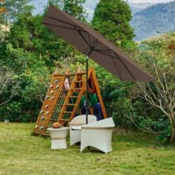 8.5 Ft. X 8.5 Ft. Steel Anti-UV Polyester Fabric Market Tilt Patio Umbrella In Brown -Jearey market umbrellas 8 5fxs brown 31 1000
