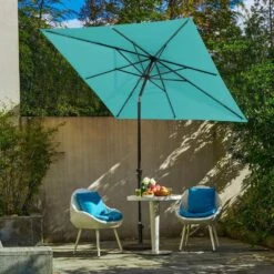 Front Page 19 8.5 Ft. X 8.5 Ft. Steel Anti-UV Polyester Fabric Market Tilt Patio Umbrella In Peacock Blue