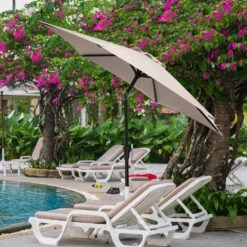 9FT Beige Steel Pole Market Umbrella Crank And Tilt Outdoor Patio Umbrella