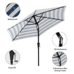 7.5ft Steel Outdoor Patio Market Umbrella With Tilt Crank In Blue And White Stripes -Jearey market umbrellas cx7 5ft bltw c3 1000