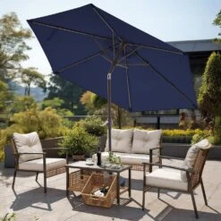 7.5ft Steel Outdoor Patio Market Umbrella With Tilt Crank In Navy -Jearey market umbrellas cx7 5ft navy 31 1000