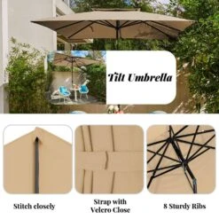 8.5 Ft. X 8.5 Ft. Square Market Patio Umbrella 2 Tiers Outdoor Umbrellas With Push Button Tilt And Crank Lift In Beige -Jearey market umbrellas fxzz8 5 beige 77 1000