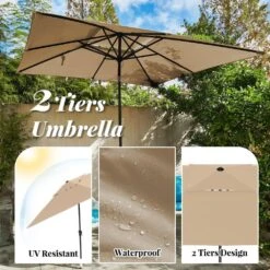 8.5 Ft. X 8.5 Ft. Square Market Patio Umbrella 2 Tiers Outdoor Umbrellas With Push Button Tilt And Crank Lift In Beige -Jearey market umbrellas fxzz8 5 beige a0 1000