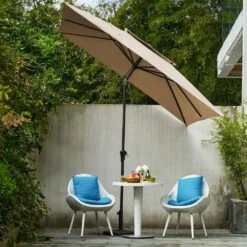 8.5 Ft. X 8.5 Ft. Square Market Patio Umbrella 2 Tiers Outdoor Umbrellas With Push Button Tilt And Crank Lift In Beige -Jearey market umbrellas fxzz8 5 beige d4 1000