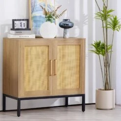 Rattan Buffet 2-Door Storage Natural Sideboard Cabinet With Adjustable Legs -Jearey natural jearey sideboards buffet tables smg 2 natural 31 1000
