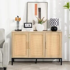Natural Wood 47.24 In. W Rattan Contemporary Storage Sideboard With Adjustable Legs -Jearey natural jearey sideboards buffet tables smg natural 31 1000