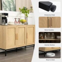 Natural Wood 47.24 In. W Rattan Contemporary Storage Sideboard With Adjustable Legs -Jearey natural jearey sideboards buffet tables smg natural 4f 1000