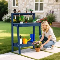 45.5 In. H X 34.8 In. W X 17.7 In. D Navy Blue HDPE Potting Bench Table, Multi-Purpose Plant And Storage Shelf -Jearey navy blue jearey potting benches and tables jyyygzt na 31 1000