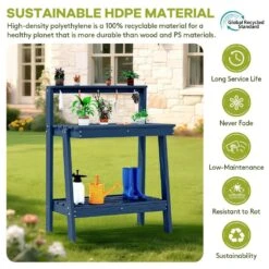 45.5 In. H X 34.8 In. W X 17.7 In. D Navy Blue HDPE Potting Bench Table, Multi-Purpose Plant And Storage Shelf -Jearey navy blue jearey potting benches and tables jyyygzt na 44 1000