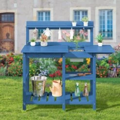 40.94 In. W X 47.24 In. H Navy Blue HDPE Weather-Resistant Garden Potting Bench Table With Storage Shelf