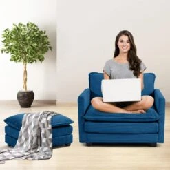 Modern Navy Corduroy Loveseat With Two Pillows For Living -Jearey navy jearey loveseats e46sf 2 ny 31 1000