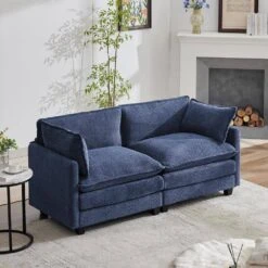 Modern 76.77 In. Navy Looped Velvet Loveseat With Two Pillows For Living -Jearey navy jearey loveseats xes 5 navy 44 1000