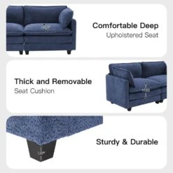 Modern 76.77 In. Navy Looped Velvet Loveseat With Two Pillows For Living -Jearey navy jearey loveseats xes 5 navy 4f 1000