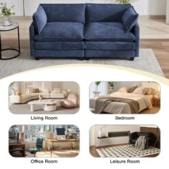Modern 76.77 In. Navy Looped Velvet Loveseat With Two Pillows For Living -Jearey navy jearey loveseats xes 5 navy fa 1000