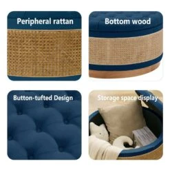 Navy Linen Tufted Rattan Round Storage Ottoman For Bedroom And Living Room -Jearey navy jearey ottomans xgjd navy 1f 1000