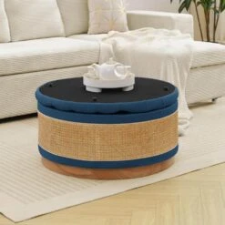 Navy Linen Tufted Rattan Round Storage Ottoman For Bedroom And Living Room -Jearey navy jearey ottomans xgjd navy 31 1000