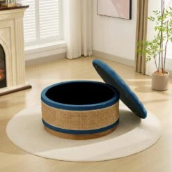 Navy Linen Tufted Rattan Round Storage Ottoman For Bedroom And Living Room -Jearey navy jearey ottomans xgjd navy 44 1000
