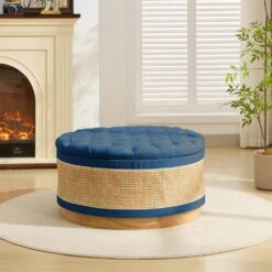 Navy Linen Tufted Rattan Round Storage Ottoman For Bedroom And Living Room -Jearey navy jearey ottomans xgjd navy 66 1000