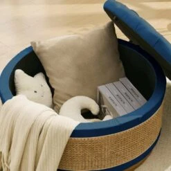 Navy Linen Tufted Rattan Round Storage Ottoman For Bedroom And Living Room -Jearey navy jearey ottomans xgjd navy 76 1000
