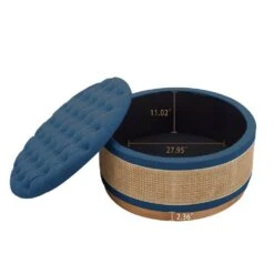Navy Linen Tufted Rattan Round Storage Ottoman For Bedroom And Living Room -Jearey navy jearey ottomans xgjd navy c3 1000