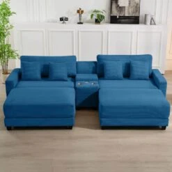 Laibai 111.81 In. Square Arm 4-Piece Velvet Modular Sectional Sofa In Navy With Cup Holder And Ottoman