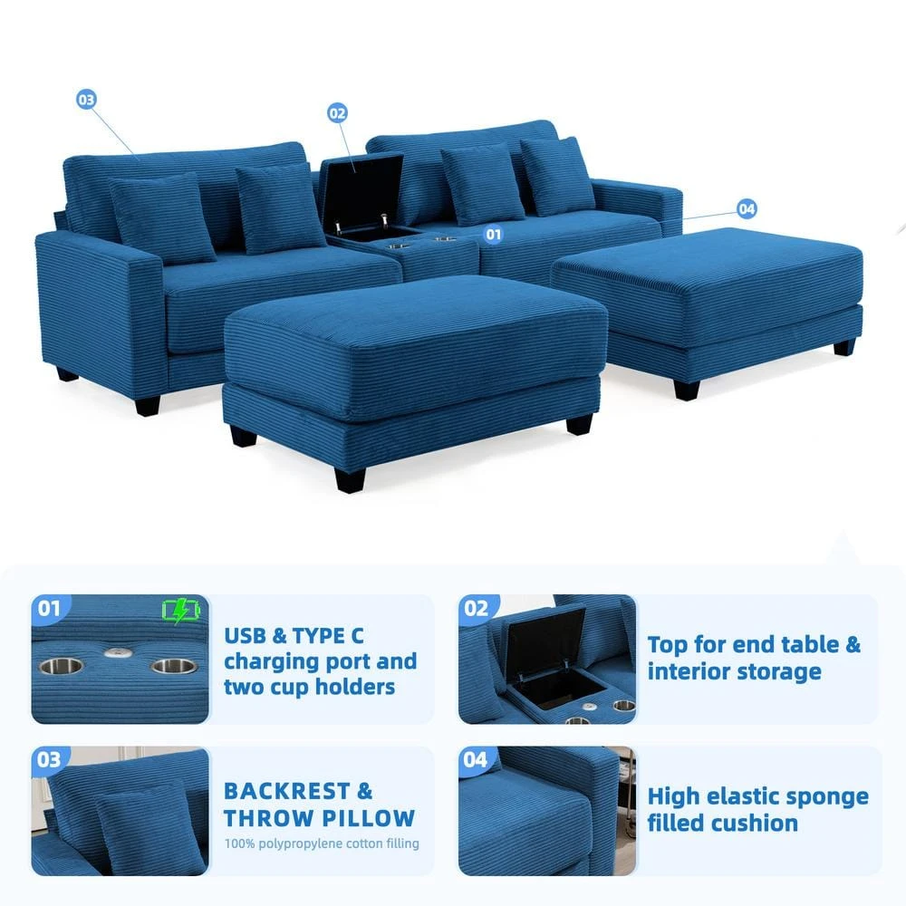 Laibai 111.81 In. Square Arm 4-Piece Velvet Modular Sectional Sofa In Navy With Cup Holder And Ottoman 3 Laibai 111.81 In. Square Arm 4-Piece Velvet Modular Sectional Sofa In Navy With Cup Holder And Ottoman - Image 3