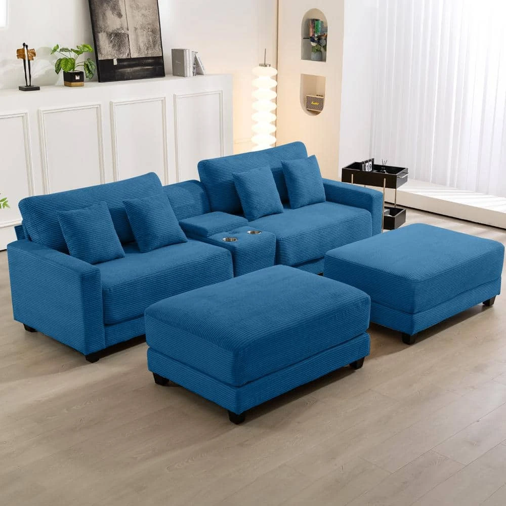 Laibai 111.81 In. Square Arm 4-Piece Velvet Modular Sectional Sofa In Navy With Cup Holder And Ottoman 4 Laibai 111.81 In. Square Arm 4-Piece Velvet Modular Sectional Sofa In Navy With Cup Holder And Ottoman - Image 4