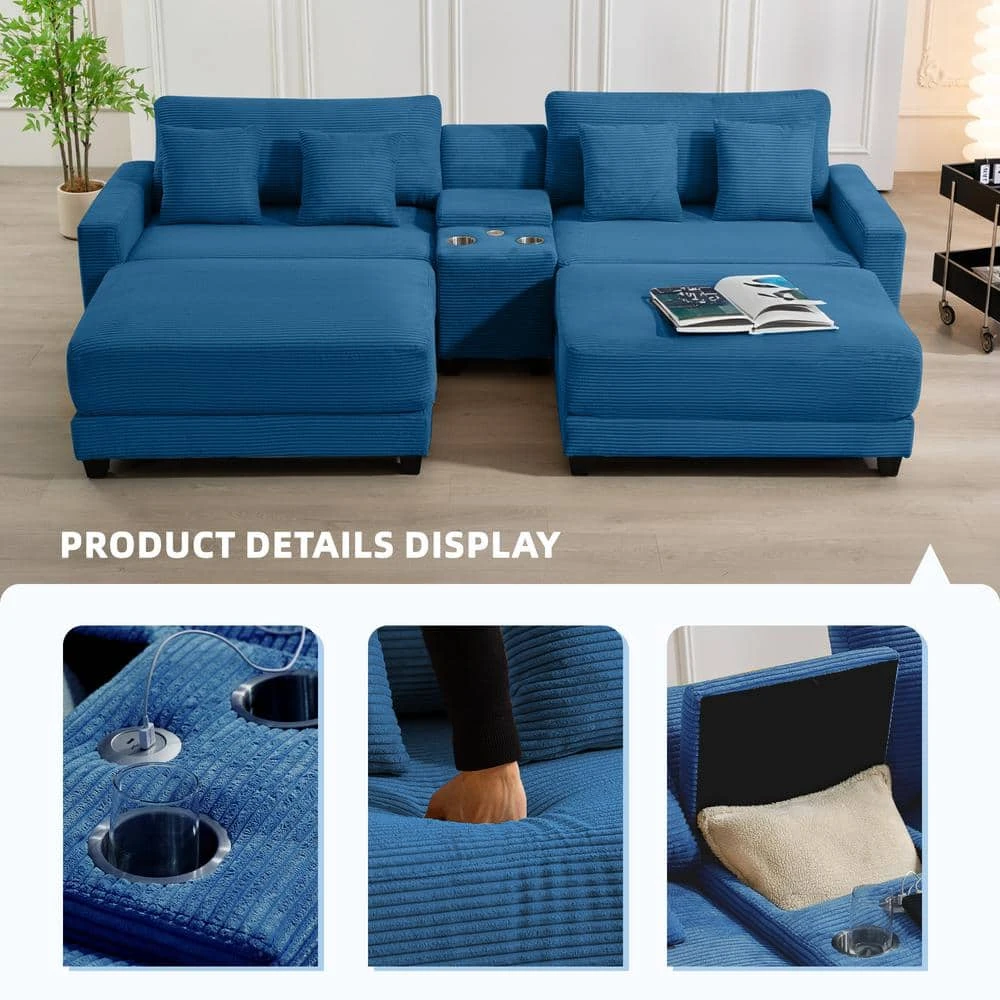 Laibai 111.81 In. Square Arm 4-Piece Velvet Modular Sectional Sofa In Navy With Cup Holder And Ottoman 2 Laibai 111.81 In. Square Arm 4-Piece Velvet Modular Sectional Sofa In Navy With Cup Holder And Ottoman - Image 2