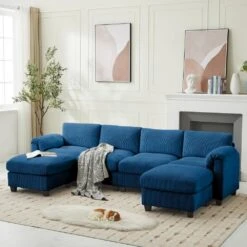 114.96 In Corduroy Modular U-Shaped Navy Sectional Sofa With 2-Ottomans For Living Room And Spacious Space -Jearey navy jearey sectional sofas dxrzjsf6 navy 1f 1000