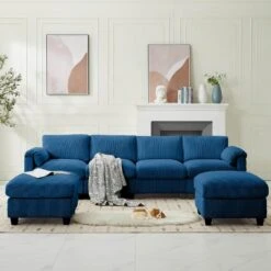 114.96 In Corduroy Modular U-Shaped Navy Sectional Sofa With 2-Ottomans For Living Room And Spacious Space -Jearey navy jearey sectional sofas dxrzjsf6 navy 76 1000