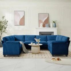 115 In. Corduroy Modular U-Shaped Navy 8-Seat Sectional Sofa For Living Room And Spacious Space -Jearey navy jearey sectional sofas dxrzjsf8 navy 31 1000