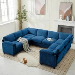115 In. Corduroy Modular U-Shaped Navy 8-Seat Sectional Sofa For Living Room And Spacious Space -Jearey navy jearey sectional sofas dxrzjsf8 navy 44 1000