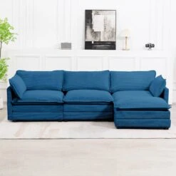 112 In. W 4-Piece Modern Straight Arm Corduroy Fabric L-Shaped Sectional Sofa With Ottoman In Navy