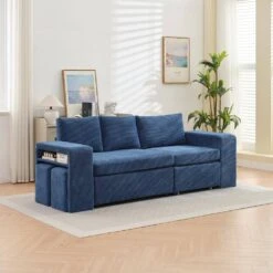 90.94 In. Navy Corduroy Upholstered L-Shaped Sleeper Sectional Sofa With Storage And Removable Ottomans For Living Room -Jearey navy jearey sectional sofas lsbsf navy 31 1000