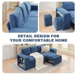 90.94 In. Navy Corduroy Upholstered L-Shaped Sleeper Sectional Sofa With Storage And Removable Ottomans For Living Room -Jearey navy jearey sectional sofas lsbsf navy 44 1000