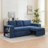 90.94 In. Navy Corduroy Upholstered L-Shaped Sleeper Sectional Sofa With Storage And Removable Ottomans For Living Room