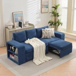 90.94 In. Navy Corduroy Upholstered L-Shaped Sleeper Sectional Sofa With Storage And Removable Ottomans For Living Room -Jearey navy jearey sectional sofas lsbsf navy c3 1000