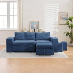 90.94 In. Navy Corduroy Upholstered L-Shaped Sleeper Sectional Sofa With Storage And Removable Ottomans For Living Room -Jearey navy jearey sectional sofas lsbsf navy fa 1000