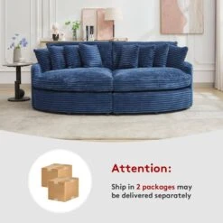 100.78 In. Navy Corduroy Detachable Sofa With Eight Pillows -Jearey navy jearey sectional sofas qexdxr y navy 1f 1000