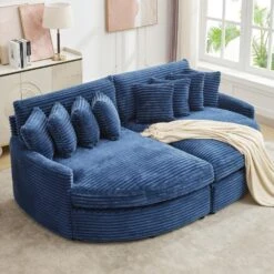100.78 In. Navy Corduroy Detachable Sofa With Eight Pillows -Jearey navy jearey sectional sofas qexdxr y navy 4f 1000
