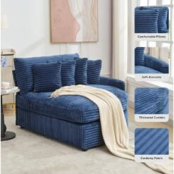 100.78 In. Navy Corduroy Detachable Sofa With Eight Pillows -Jearey navy jearey sectional sofas qexdxr y navy fa 1000