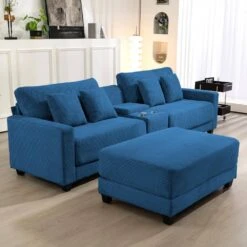 Laibai 111.81 In. Square Arm Velvet Modular 3-Piece Modern Sofa With Cup Holder And Ottoman In Navy -Jearey navy jearey sofas couches dxrabc navy 1f 1000