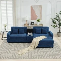 Laibai 111.81 In. Square Arm Velvet Modular 3-Piece Modern Sofa With Cup Holder And Ottoman In Navy -Jearey navy jearey sofas couches dxrabc navy 44 1000