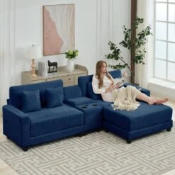 Laibai 111.81 In. Square Arm Velvet Modular 3-Piece Modern Sofa With Cup Holder And Ottoman In Navy -Jearey navy jearey sofas couches dxrabc navy 76 1000