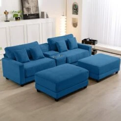 Laibai 111.81 In. Square Arm Velvet Modular 4-Piece Modern Navy Sofa With Cup Holder And Ottoman -Jearey navy jearey sofas couches xdxrabcd navy 31 1000