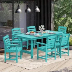 HDPE 7-Piece Plastic Rectangle Table Standard Height Outdoor Dining Set In Aruba Blue -Jearey patio dining sets peczytz ab c3 1000