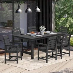 HDPE 7-Piece Plastic Rectangle Table Standard Height Outdoor Dining Set In Black -Jearey patio dining sets peczytz bk c3 1000