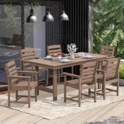 HDPE 7-Piece Plastic Rectangle Table Standard Height Outdoor Dining Set In Brown -Jearey patio dining sets peczytz br c3 1000