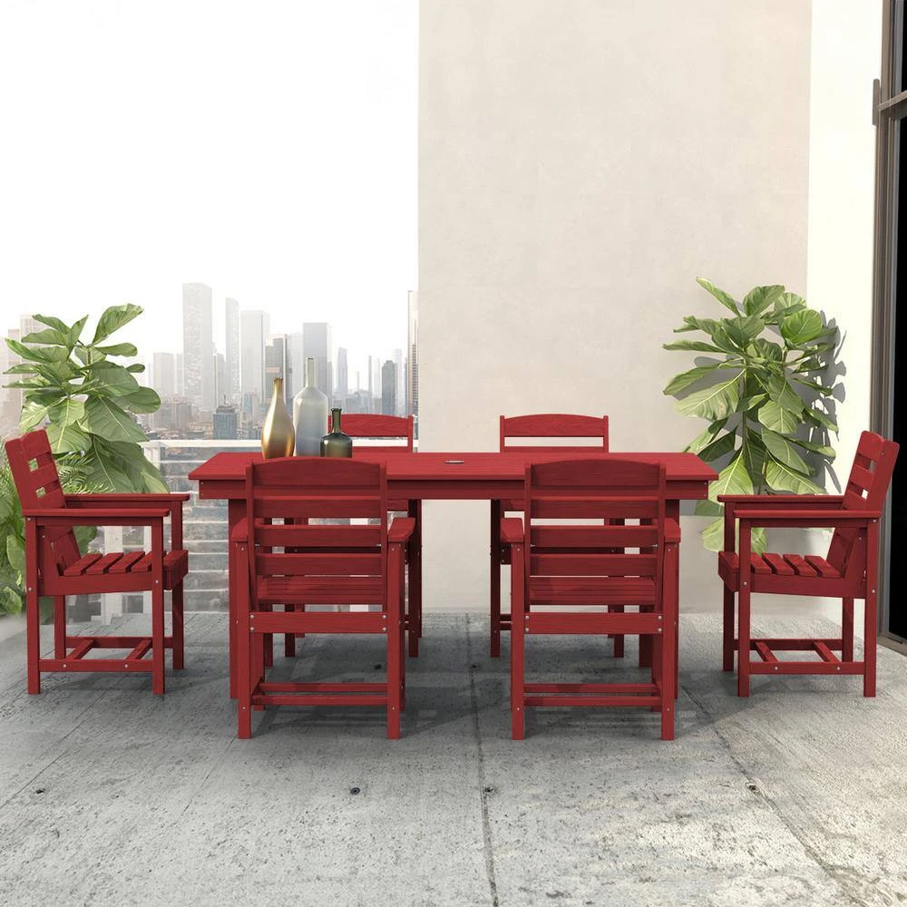 HDPE 7-Piece Plastic Rectangle Table Standard Height Outdoor Dining Set In Dark Red 10 HDPE 7-Piece Plastic Rectangle Table Standard Height Outdoor Dining Set In Dark Red - Image 10